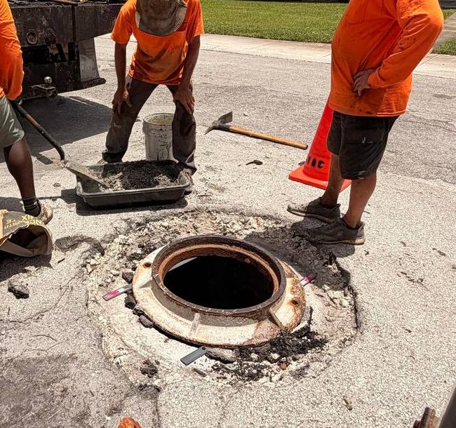 Crew rebuilding a catch basin in a commercial lot, setting the frame in fresh concrete