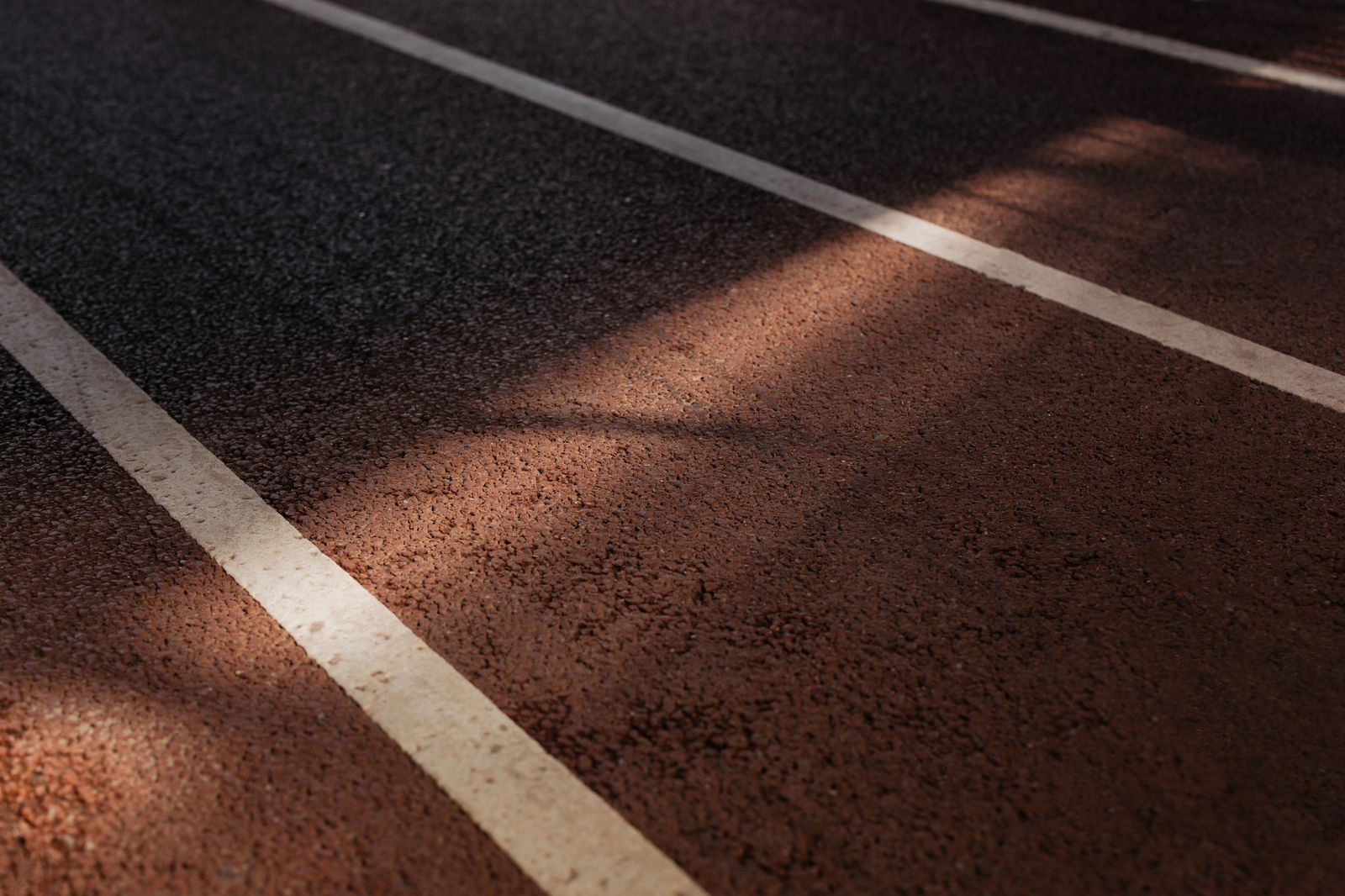 Dark sealed asphalt with crisp white stall lines in low afternoon sun
